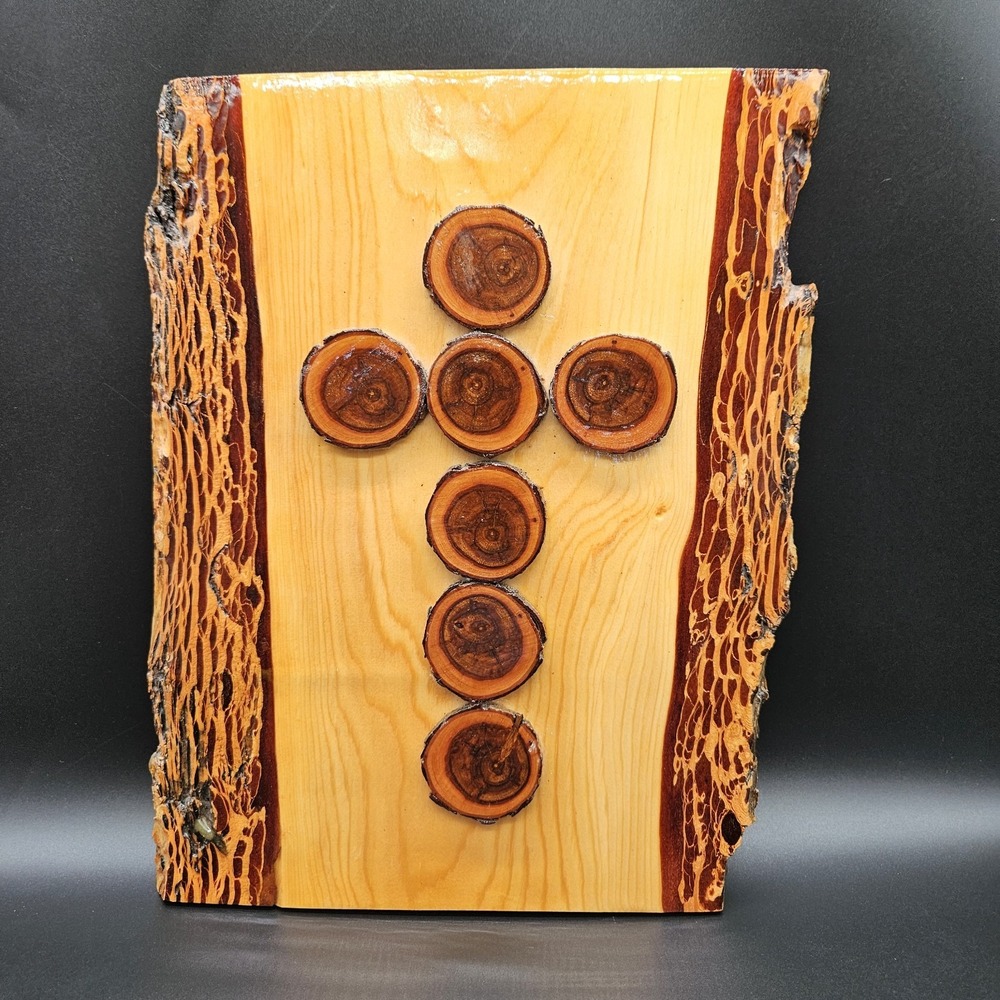 Rustic Wood Cross Wall Art Live Edge Tree Slice Christian Folk Art Cabin Western